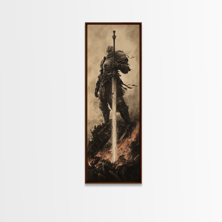 Sepia Knight Standing With Greatsword In Fire, Dark Fantasy Canvas Print, Medieval Wall Art, Gothic Office Decor Gift For Him
