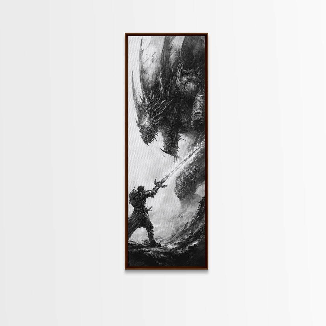 Warrior Facing Massive Dragon In Black And White, Dark Fantasy Wall Art, Gothic Canvas Print, Epic Monster Decor Gift For Him