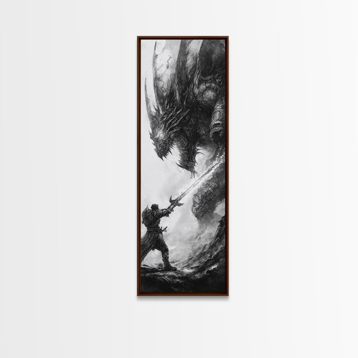 Warrior Facing Massive Dragon In Black And White, Dark Fantasy Wall Art, Gothic Canvas Print, Epic Monster Decor Gift For Him