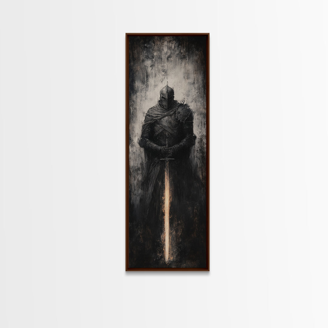 Dark Armored Knight With Glowing Sword Wall Art, Gothic Fantasy Canvas Print, Medieval Warrior Decor For Man Cave Office Decor