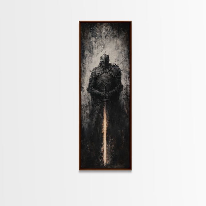 Dark Armored Knight With Glowing Sword Wall Art, Gothic Fantasy Canvas Print, Medieval Warrior Decor For Man Cave Office Decor