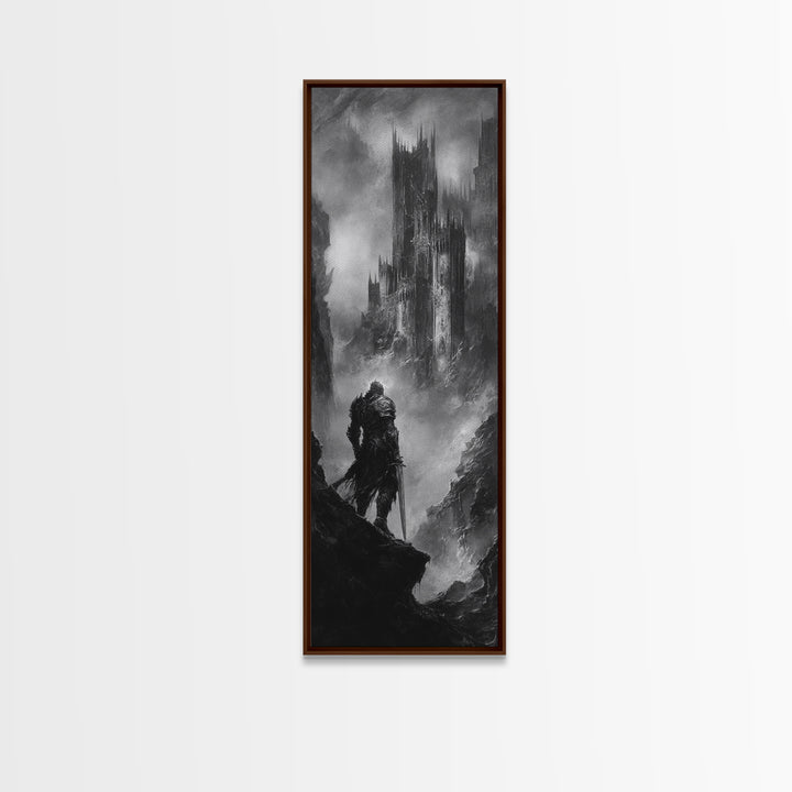 Lone Warrior Before Dark Gothic Castle Wall Art, Black And White Fantasy Landscape Print, Medieval Dungeon Decor For Office