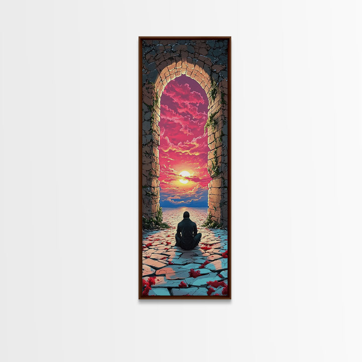 Seated Wanderer In Stone Arch Sunset Wall Art, Vibrant Fantasy Portal Canvas Print, Meditation Room Home Decor Gift For Her