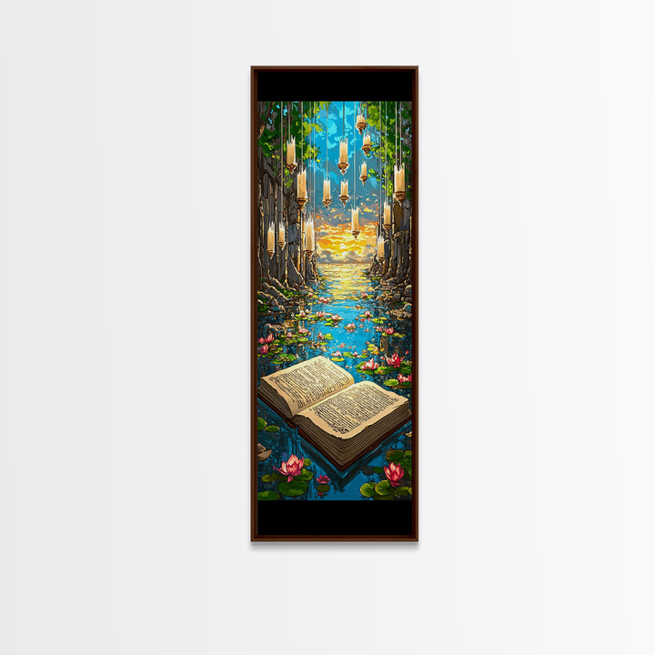 Open Book In Enchanted Lily Pond Wall Art, Magical Library Fantasy Canvas Print, Whimsical Reading Nook Decor Gift For Book Lover