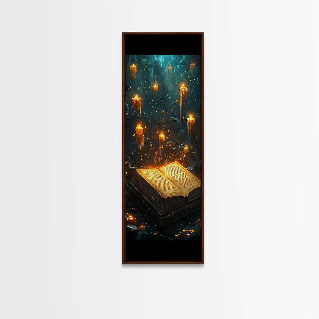 Glowing Grimoire With Floating Candles Wall Art, Dark Fantasy Library Canvas Print, Gothic Academia Home Decor Gift For Her