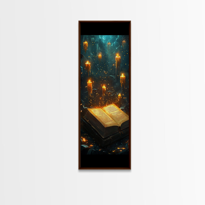 Glowing Grimoire With Floating Candles Wall Art, Dark Fantasy Library Canvas Print, Gothic Academia Home Decor Gift For Her