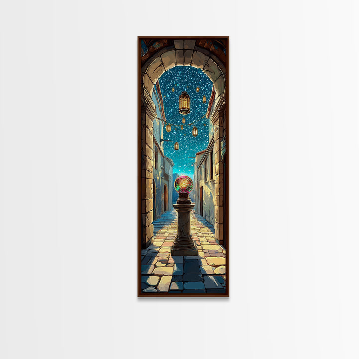 Magic Orb Beneath Starry Alley Wall Art, Whimsical Fantasy Canvas Print, Mediterranean Night Unique Home Decor Gift For Her