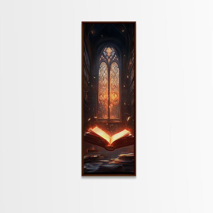 Glowing Book Before Cathedral Window Wall Art, Gothic Library Fantasy Canvas Print, Dark Academia Reading Room Decor Gift