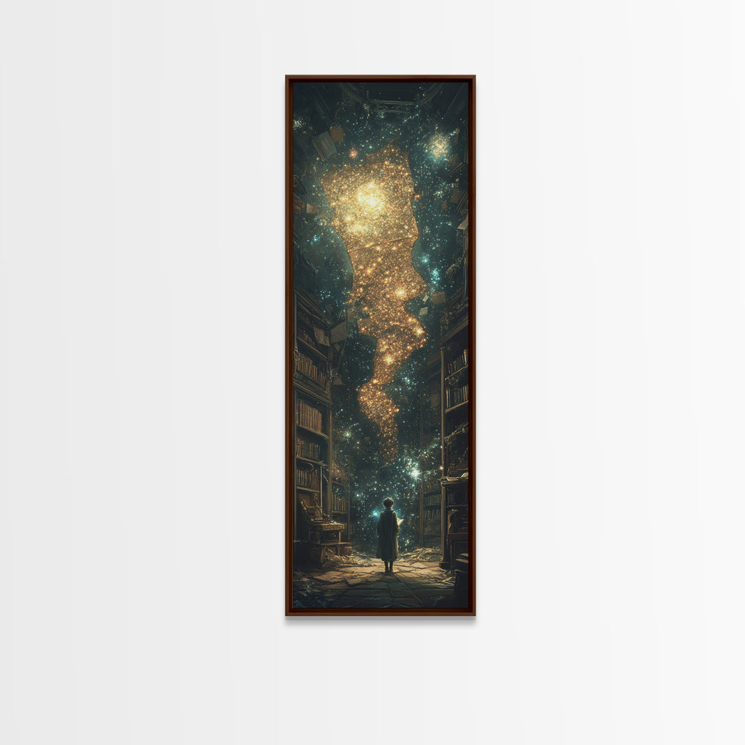 Child Beneath Cosmic Book Tower Wall Art, Dark Academia Library Decor, Celestial Fantasy Art Print, Magical Reading Gift
