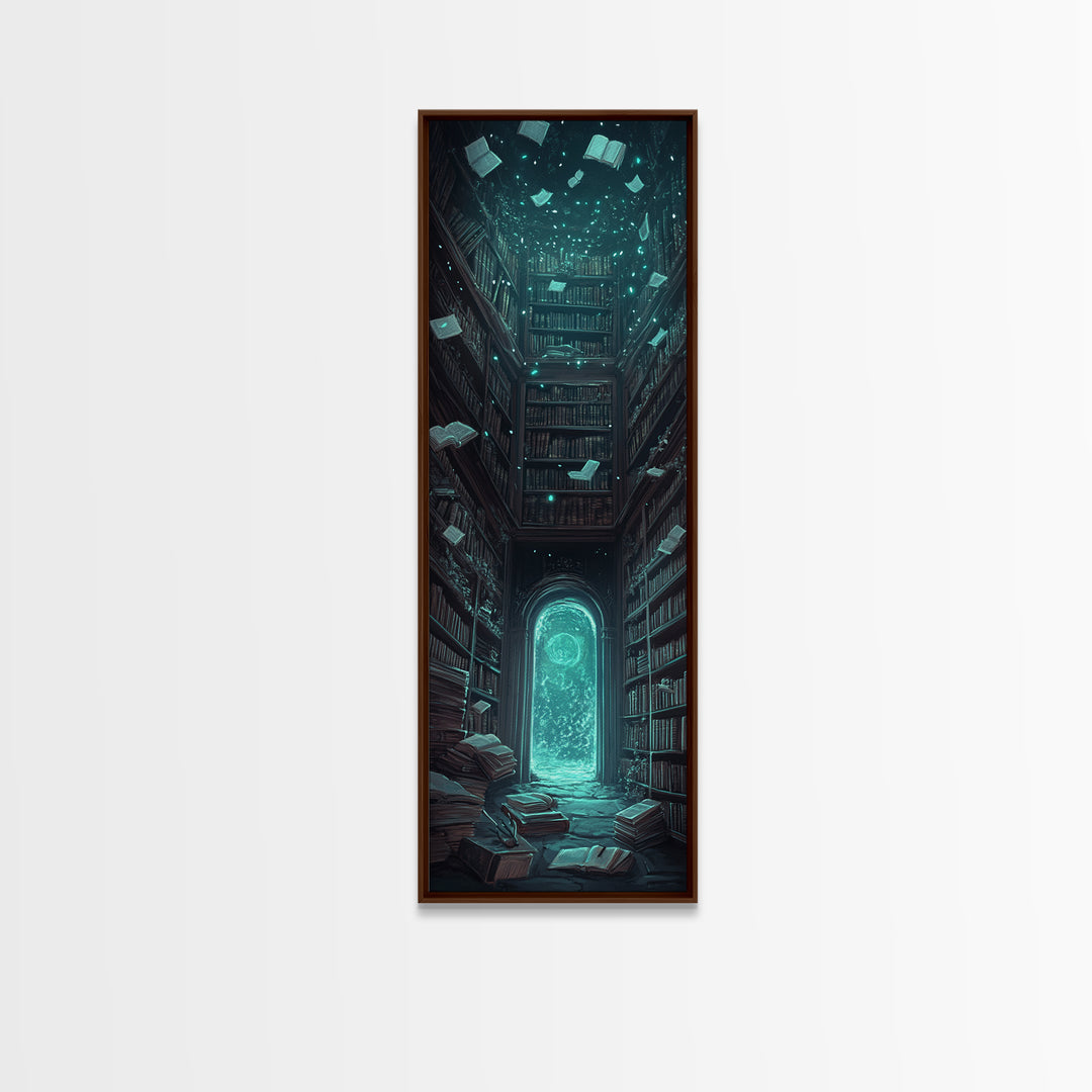 Glowing Portal In Dark Library Framed Canvas Print, Gothic Wall Art, Dark Academia Decor, Fantasy Book Lover Gift, Reading Nook Decor