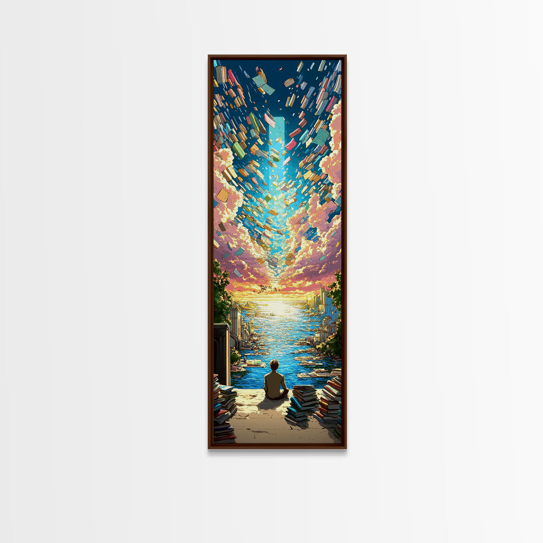 Boy Watching Books Fly Over Ocean Wall Art, Whimsical Sunset Seascape, Book Lover Gift, Colorful Coastal Home Decor Print