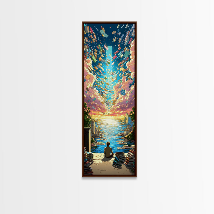 Boy Watching Books Fly Over Ocean Wall Art, Whimsical Sunset Seascape, Book Lover Gift, Colorful Coastal Home Decor Print