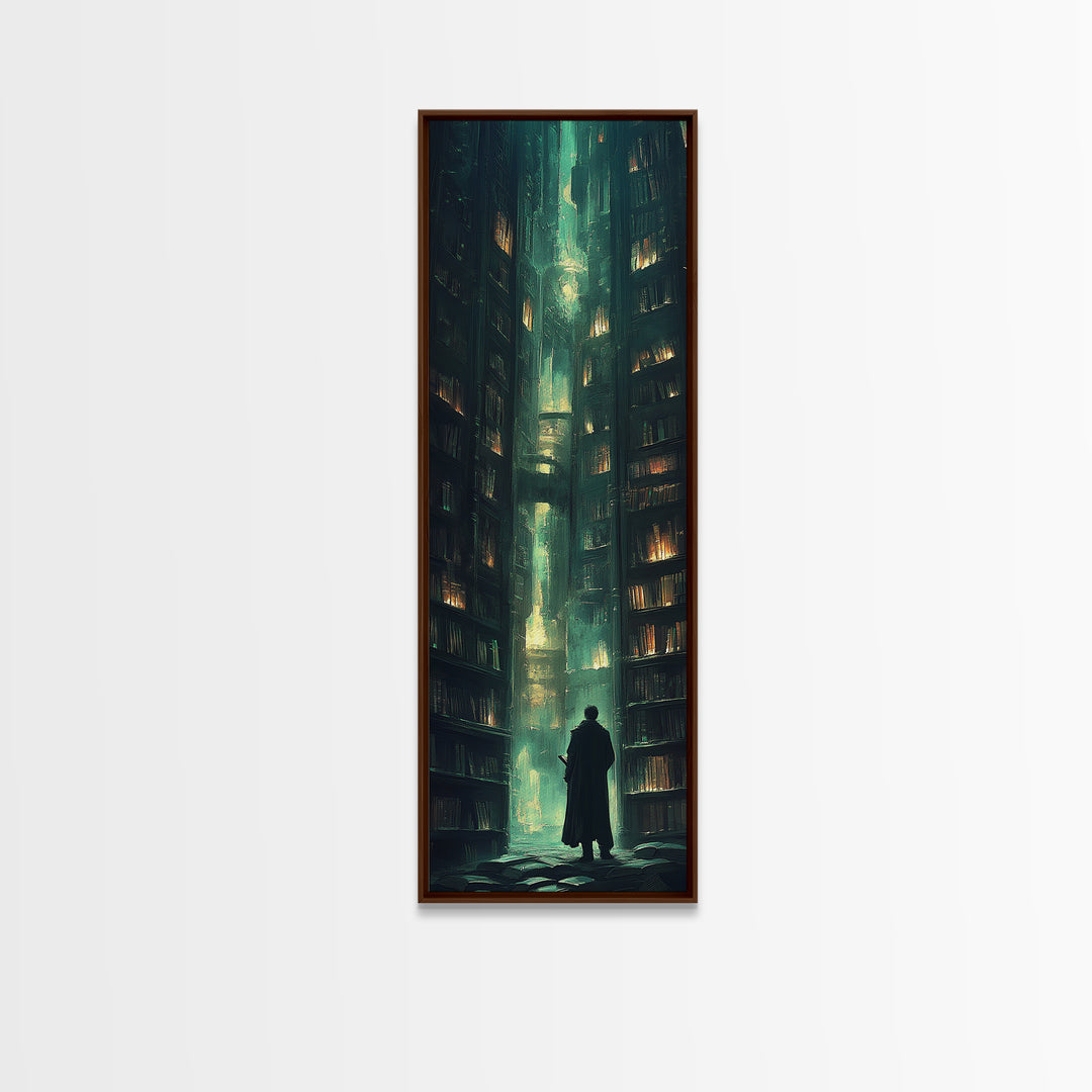 Lone Figure In Emerald Library Canyon Canvas Print, Dark Academia Wall Art, Moody Fantasy Decor, Gothic Office Wall Decor