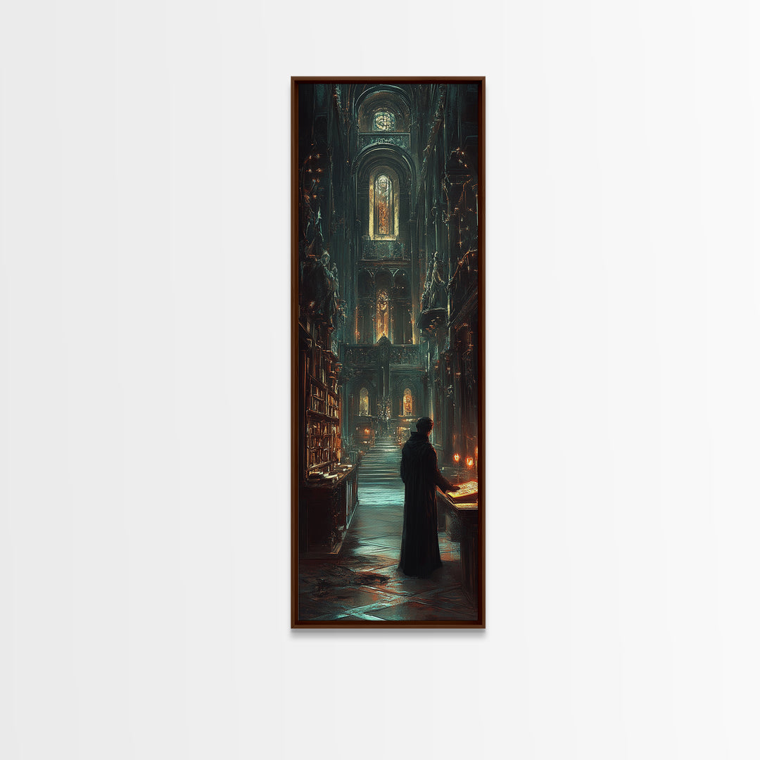 Robed Scholar In Gothic Cathedral Library Wall Art, Dark Academia Decor, Moody Fantasy Print, Candlelit Office Wall Decor
