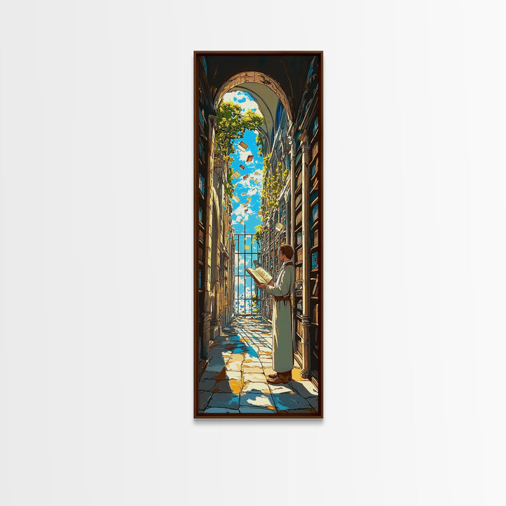 Sunlit Scholar Reading In Arched Library Framed Canvas Print, Book Lover Wall Art, Academia Decor, Literary Gift For Her