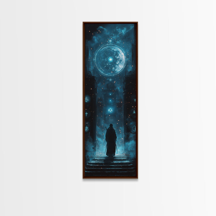 Lone Figure Before Glowing Cosmic Portal Canvas Print, Sci Fi Wall Art, Cyberpunk Decor, Futuristic Space Art For Gaming Room