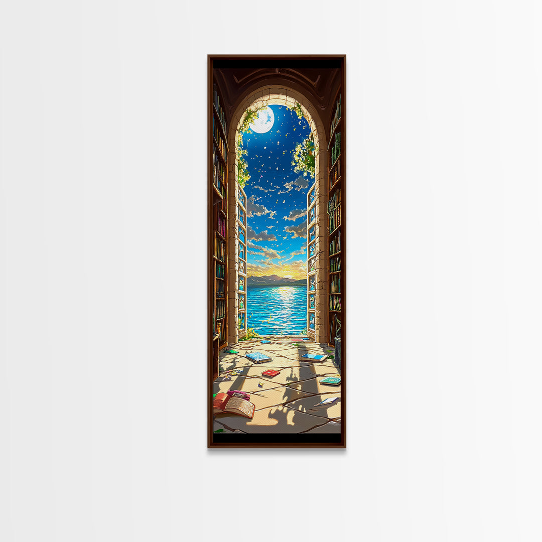 Moonlit Library Arch With Ocean View Framed Canvas Print, Book Lover Wall Art, Coastal Decor, Reading Nook Art For Cozy Home Decor