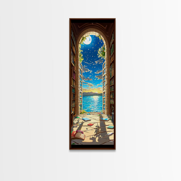 Moonlit Library Arch With Ocean View Framed Canvas Print, Book Lover Wall Art, Coastal Decor, Reading Nook Art For Cozy Home Decor