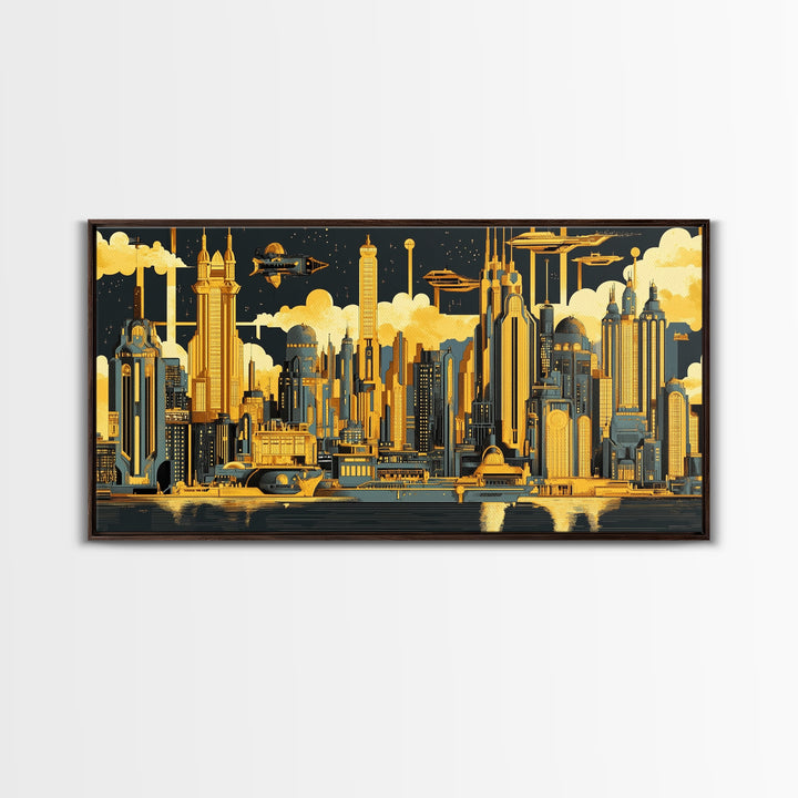 Golden Futuristic Skyline With Airships Canvas Print, Sci Fi Cityscape Wall Art, Modern Office Decor, Large Statement Artwork