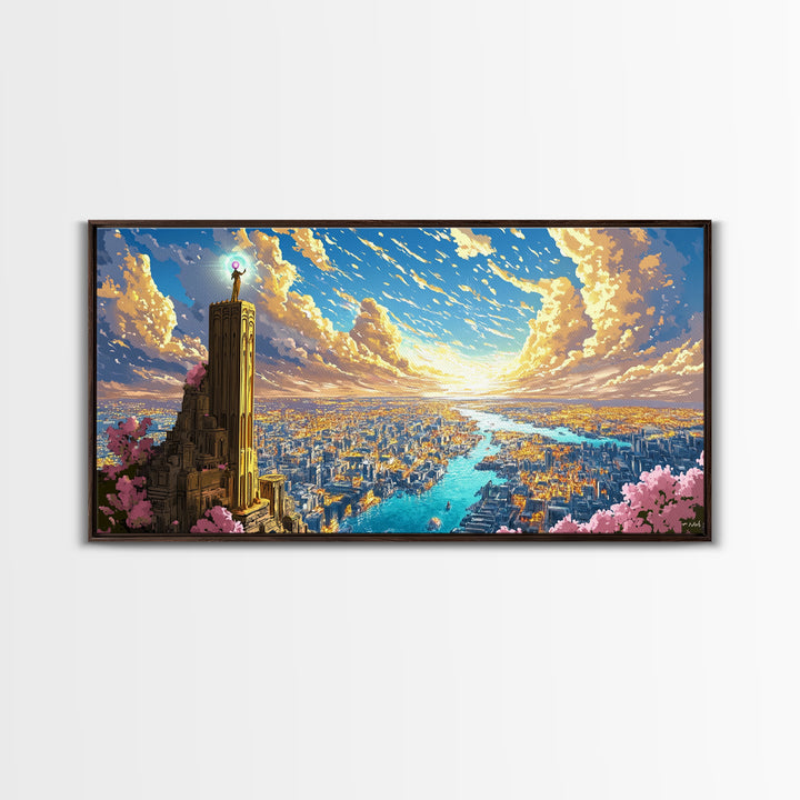 Sunset Tower Above Radiant River City Framed Canvas Print, Fantasy Wall Art, Colorful Landscape, Living Room Decor Gift Idea