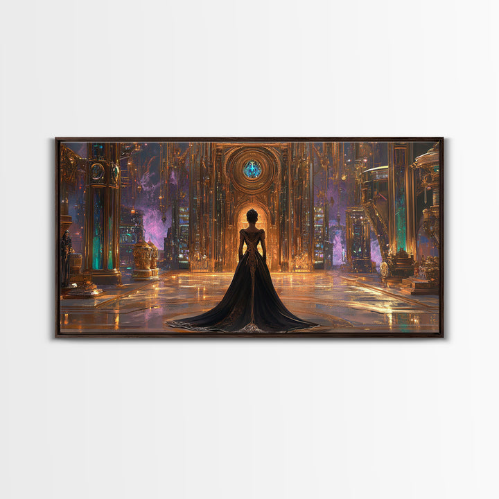 Gothic Woman In Ornate Crystal Hall Canvas Print, Dark Fantasy Wall Art, Moody Gothic Decor, Elegant Statement Artwork Gift