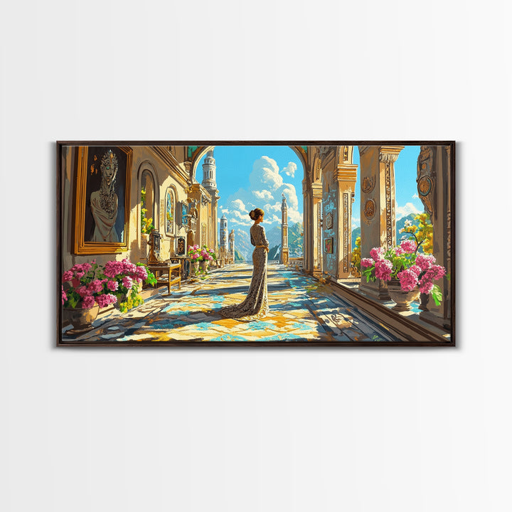 Elegant Woman In Sunlit Palace Corridor Canvas Print, Mediterranean Wall Art, Floral Decor, European Living Room Artwork Gift