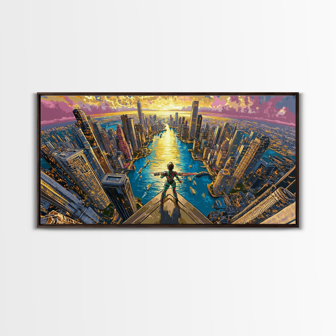 Daring Hero Above Golden Future City Framed Canvas Print, Cyberpunk Wall Art, Anime Sci Fi Decor, Large Statement Artwork