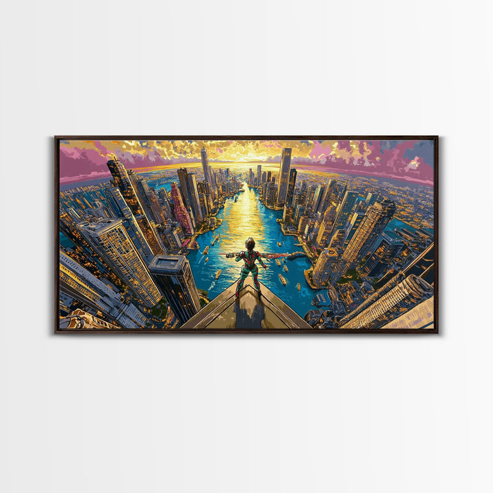 Daring Hero Above Golden Future City Framed Canvas Print, Cyberpunk Wall Art, Anime Sci Fi Decor, Large Statement Artwork