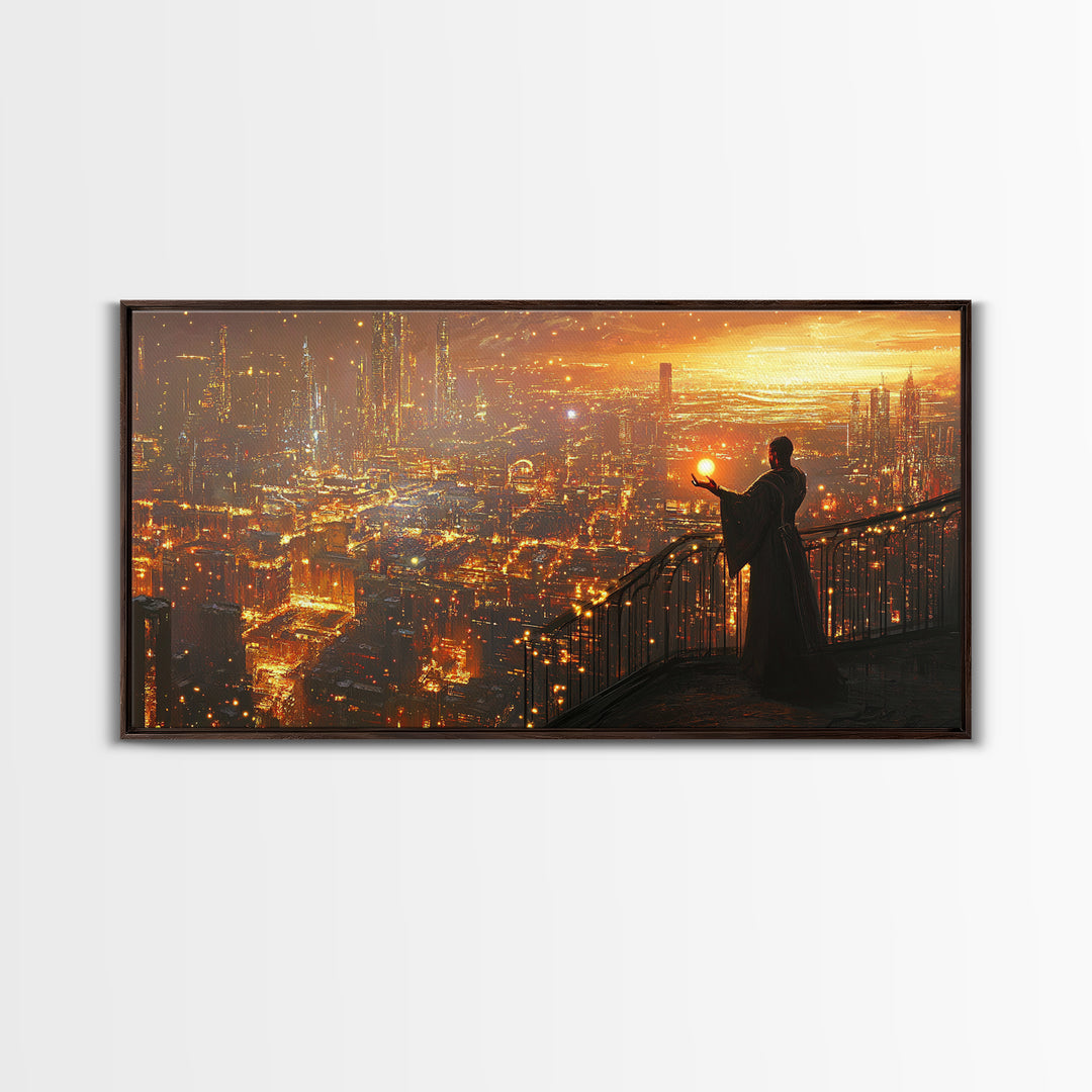 Robed Figure Holding Glowing Orb Over Dystopian City Canvas Print, Futuristic Wall Art, Golden Sci Fi Office Decor, Gift For Him