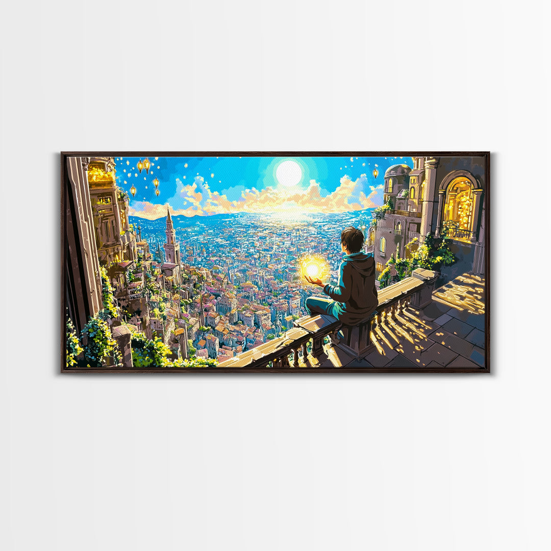 Boy With Glowing Orb Above Sunlit Fantasy City Canvas Print, Whimsical Wall Art, Magical Living Room Home Decor, Gift For Her