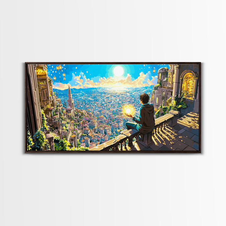 Boy With Glowing Orb Above Sunlit Fantasy City Canvas Print, Whimsical Wall Art, Magical Living Room Home Decor, Gift For Her