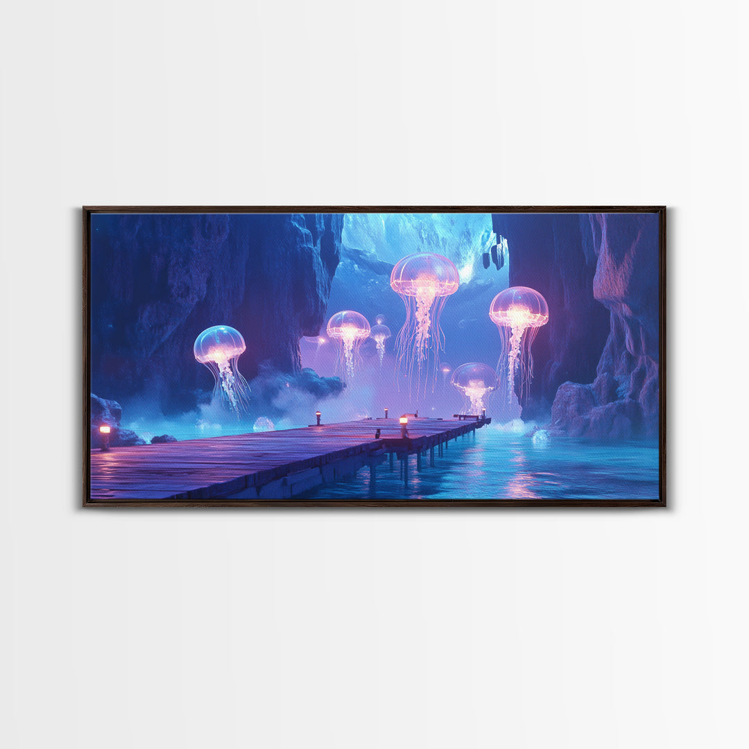 Glowing Jellyfish Cavern With Dock Canvas Print, Blue Bioluminescent Ocean Wall Art, Fantasy Coastal Home Decor, Unique Gift