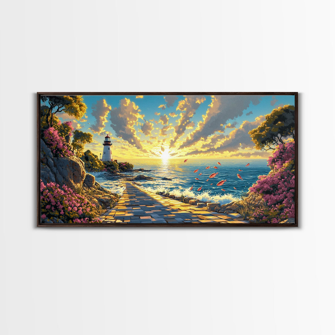 Sunlit Lighthouse Path At Golden Ocean Sunset Wall Art, Coastal Canvas Wall Art, Beach House Decor, Seascape Print, Living Room Decor