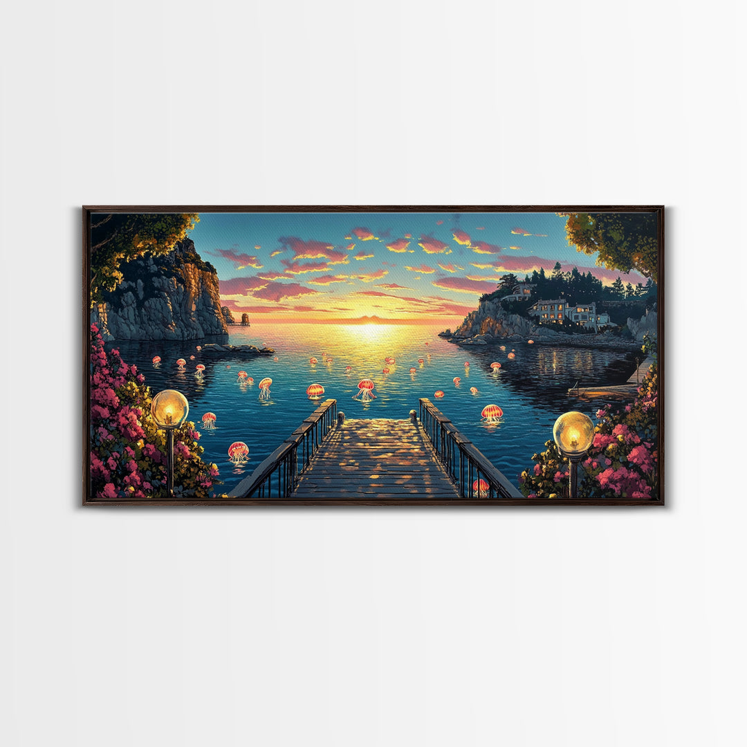 Glowing Jellyfish Cove At Sunset Canvas Print, Whimsical Coastal Wall Art, Ocean Decor, Beach House Living Room Decor, Fantasy Art