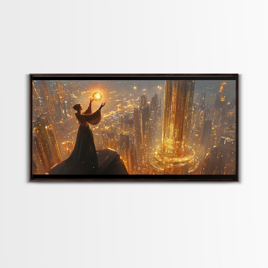 Elegant Woman Holding A Golden Orb Framed Canvas Print, Futuristic Wall Art, Sci Fi Decor, Luxury Office Statement Artwork