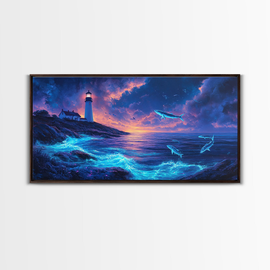 Bioluminescent Whale Ocean Lighthouse Wall Art, Fantasy Seascape Print, Coastal Wall Decor, Moody Blue Living Room Wall Art