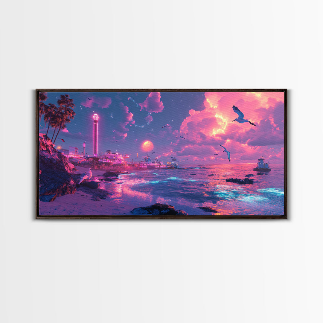 Neon Pink Coastal City At Moonlit Sunset Canvas Print, Vaporwave Wall Art, Futuristic Beach Decor, Gaming Room Poster Print