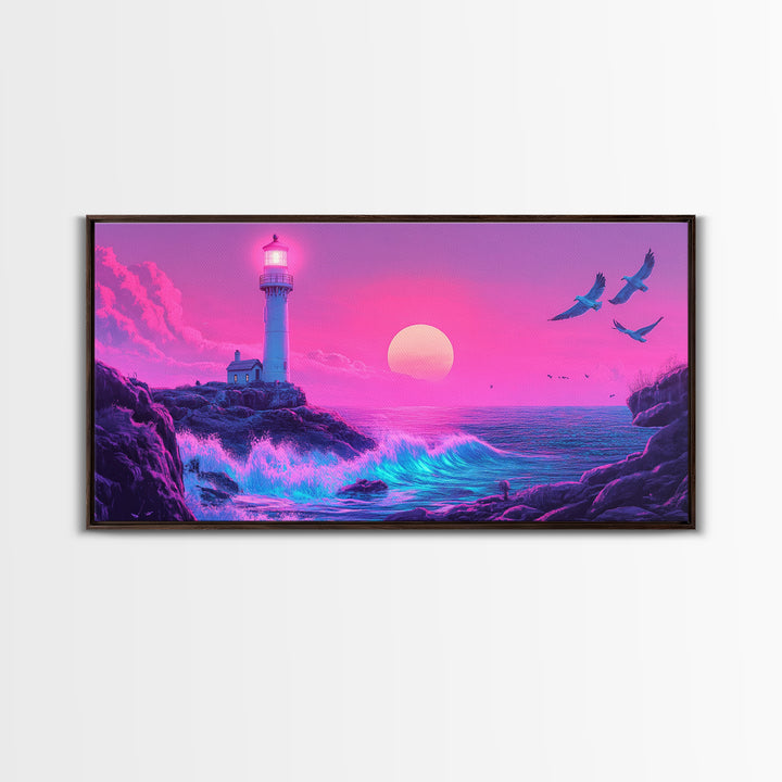 Pink Lighthouse Sunset With Turquoise Waves Framed Canvas Print, Coastal Wall Art, Vaporwave Beach Decor, Ocean Poster Print