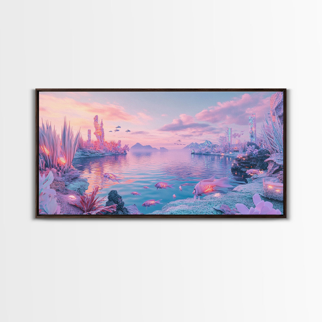 Pastel Alien Crystal Shore With Glowing Wildlife Wall Art, Fantasy Landscape Print, Sci Fi Decor, Dreamy Nursery Wall Art