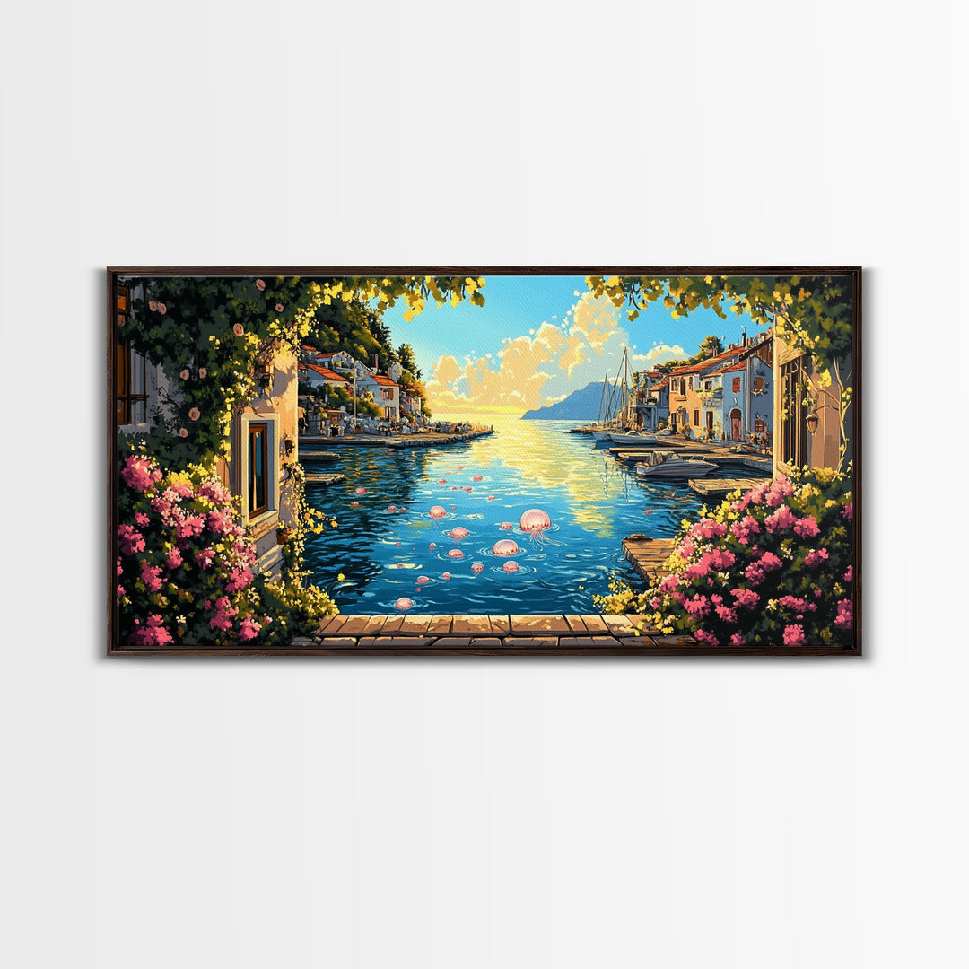 Mediterranean Flower Harbor Wall Art, Sunny Coastal Village Canvas Print, Lake Como Decor, Living Room Wall Art Gift For Her