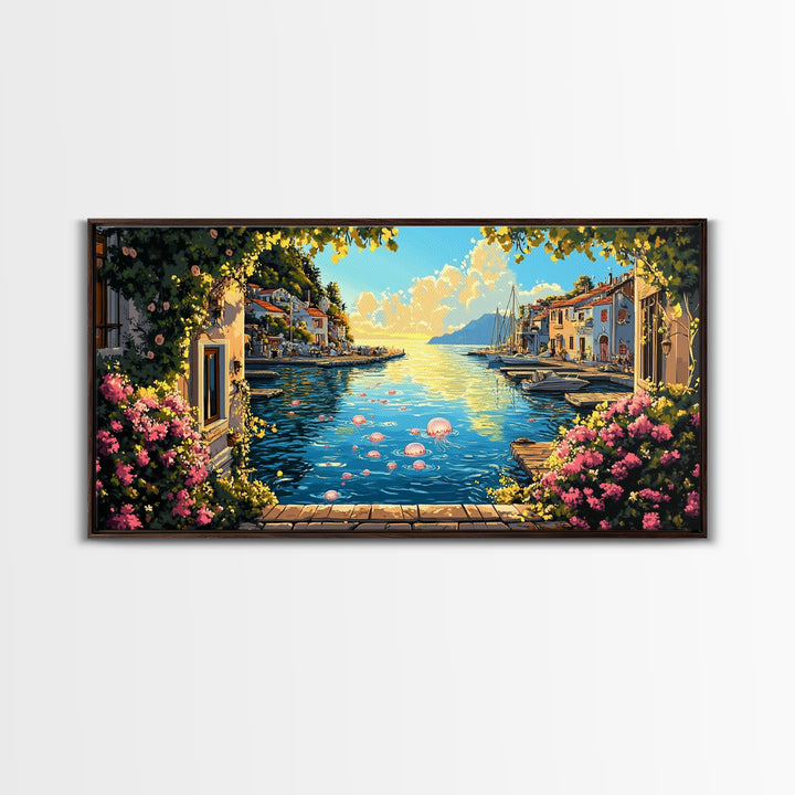 Mediterranean Flower Harbor Wall Art, Sunny Coastal Village Canvas Print, Lake Como Decor, Living Room Wall Art Gift For Her