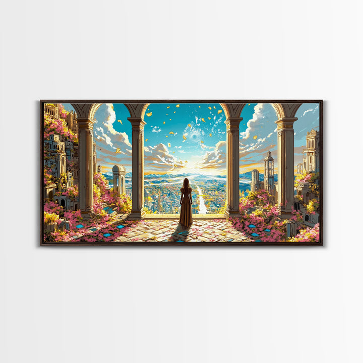 Arched Terrace Fantasy City Wall Art, Woman Over Sunlit Kingdom Framed Canvas Print, Maximalist Decor, Statement Artwork