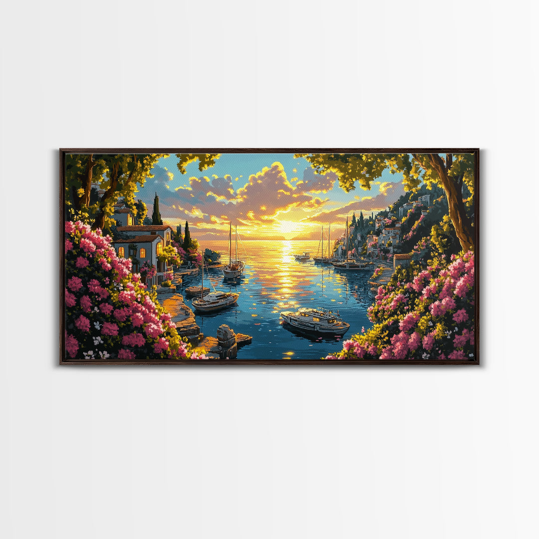 Golden Amalfi Harbor Sunset Wall Art, Coastal Village Seascape Canvas Print, Mediterranean Decor, Above Sofa Wall Art Gift