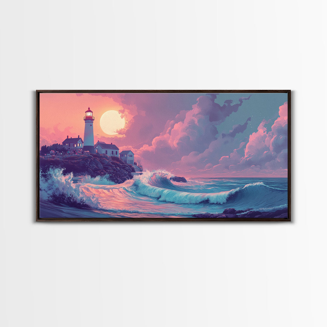 Pastel Moon Lighthouse Wave Wall Art, Dreamy Coastal Seascape Canvas Print, Beach House Decor, Pink Ocean Wall Art Gift For Her