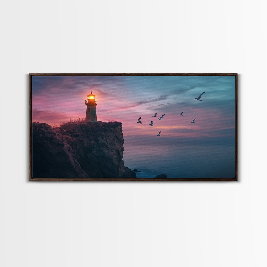 Twilight Lighthouse Cliff Wall Art, Moody Ocean Seascape Canvas Print, Nautical Office Decor, Coastal Wall Art Gift For Him