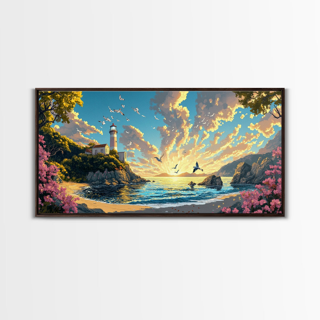 Sunlit Lighthouse Cove With Pink Flowers Canvas Print, Coastal Wall Art, Ocean Seascape, Beach House Decor Gift For Living Room Decor