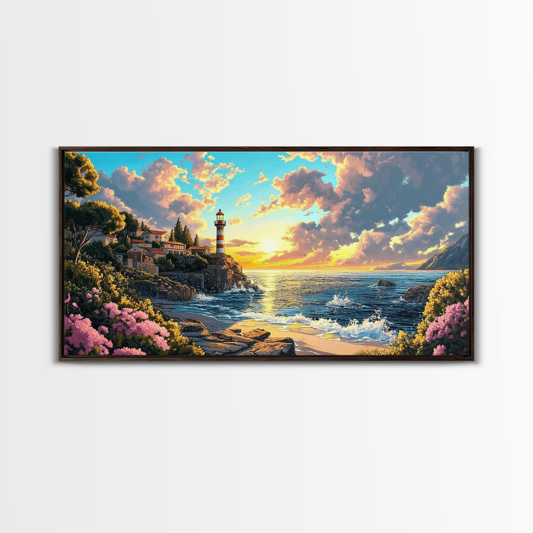 Striped Lighthouse Village At Golden Sunset Framed Canvas Print, Coastal Wall Art, Ocean Painting, Beach House Decor Gift