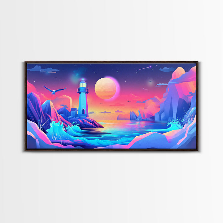 Neon Iceberg Lighthouse Under Giant Moon Canvas Print, Futuristic Wall Art, Cyberpunk Decor, Sci Fi Ocean Landscape Poster