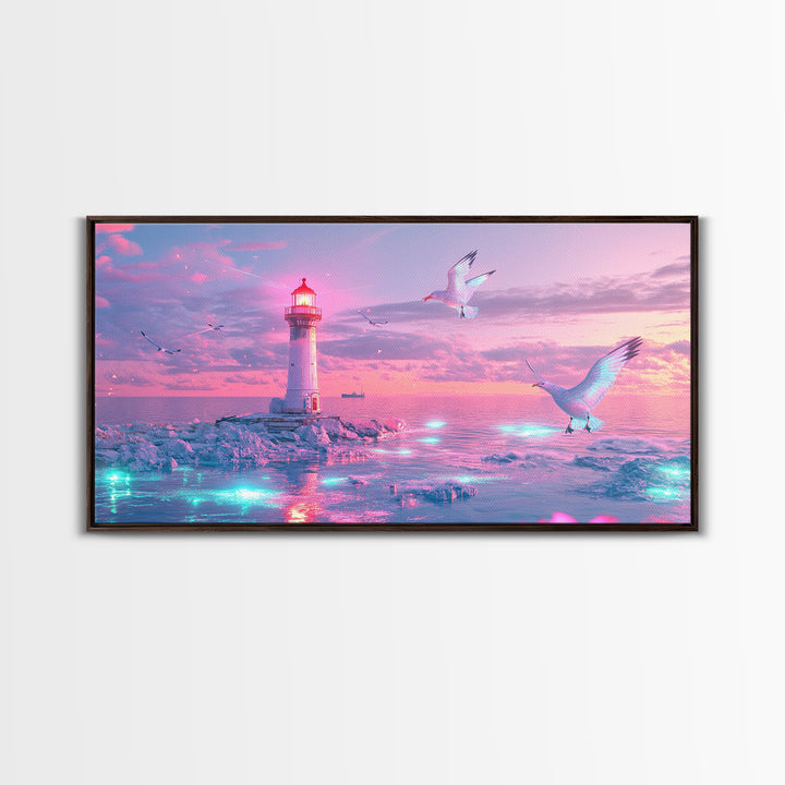 Pastel Pink Lighthouse On Glowing Sea Canvas Print, Coastal Wall Art, Dreamy Seascape, Beach Decor For Bedroom Wall Decor