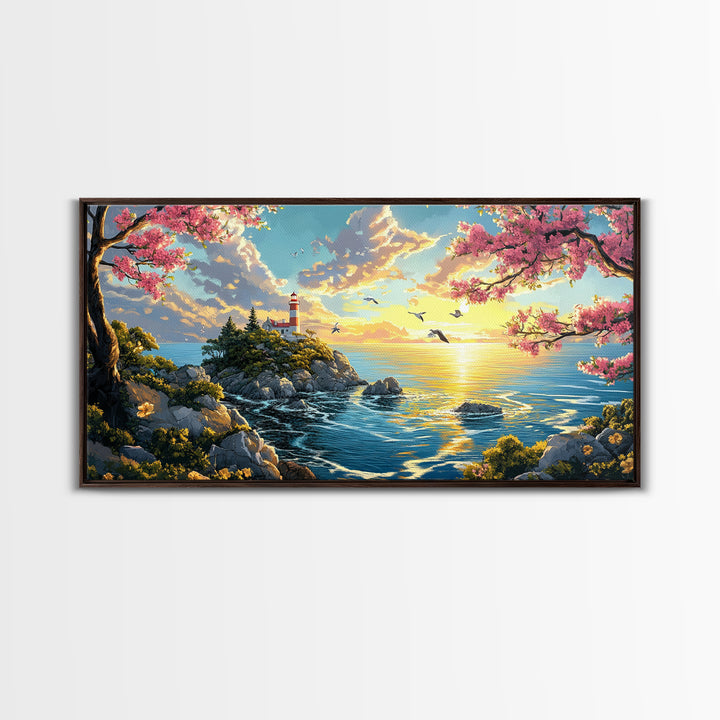 Cherry Blossom Lighthouse Over Golden Sea Framed Canvas Print, Coastal Wall Art, Spring Decor, Ocean Landscape Art Gift Idea